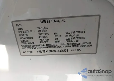 2026 Tesla Model Y Premium Rear-Wheel Drive/Standard Rear-Wheel Drive from USA, damaged, VIN 7SAYGDED6TA426735